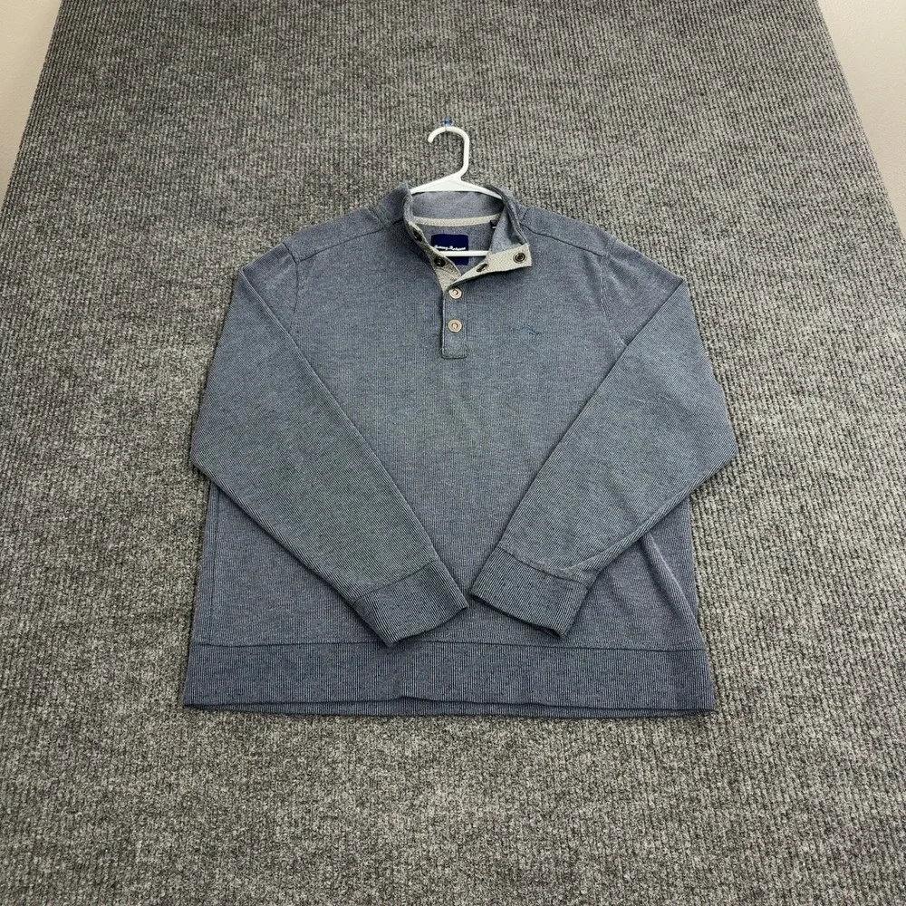 Tommy Bahama Pullover‎ Mens M Blue Cotton Blend Mock Neck Quarter Button Casual